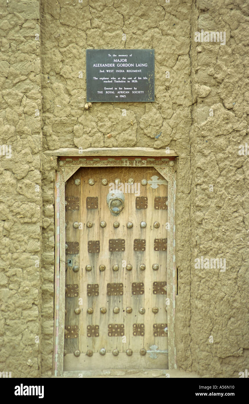 Ornate door and memorial to Major Alexander Gordon Laing, Timbuktu (Tombouctou), Mali Stock Photo