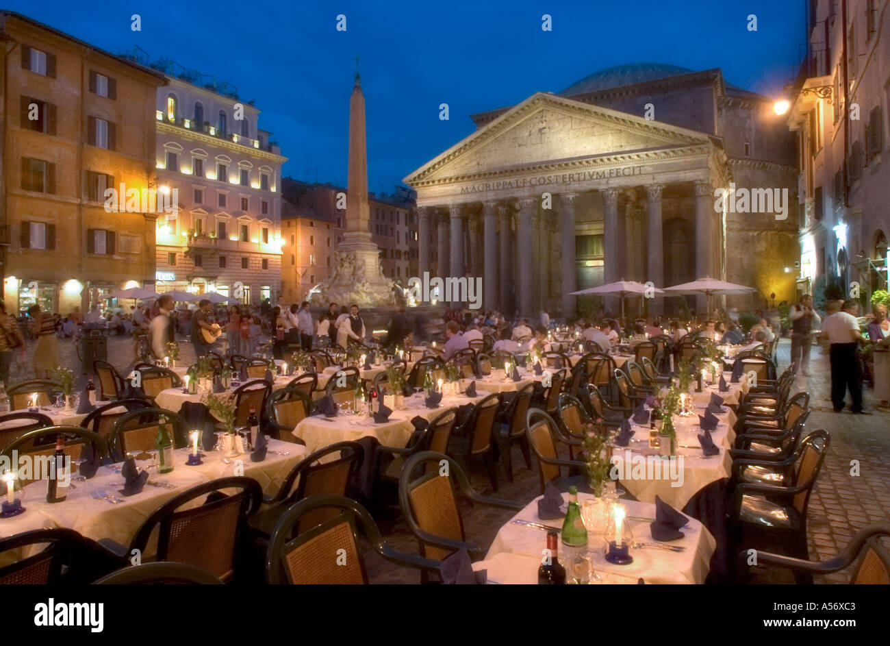 Soft Focus of Pantheon and restaurant at night, Piazza della Rotonda, Rome, Italy Stock Photo