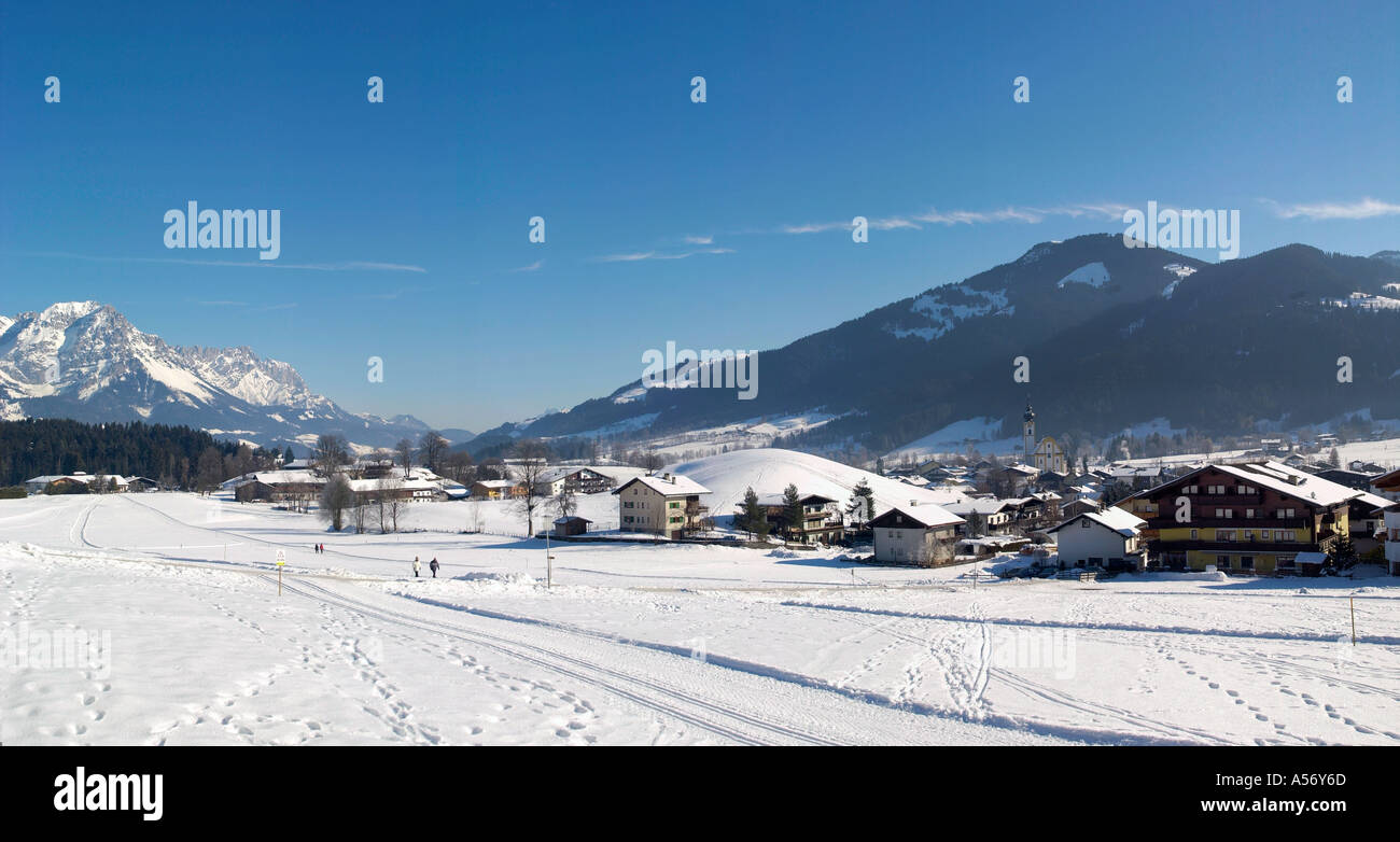 View over the resort towards the Wilder Kaiser Mountains, Soll, Tyrol, Austria Stock Photo