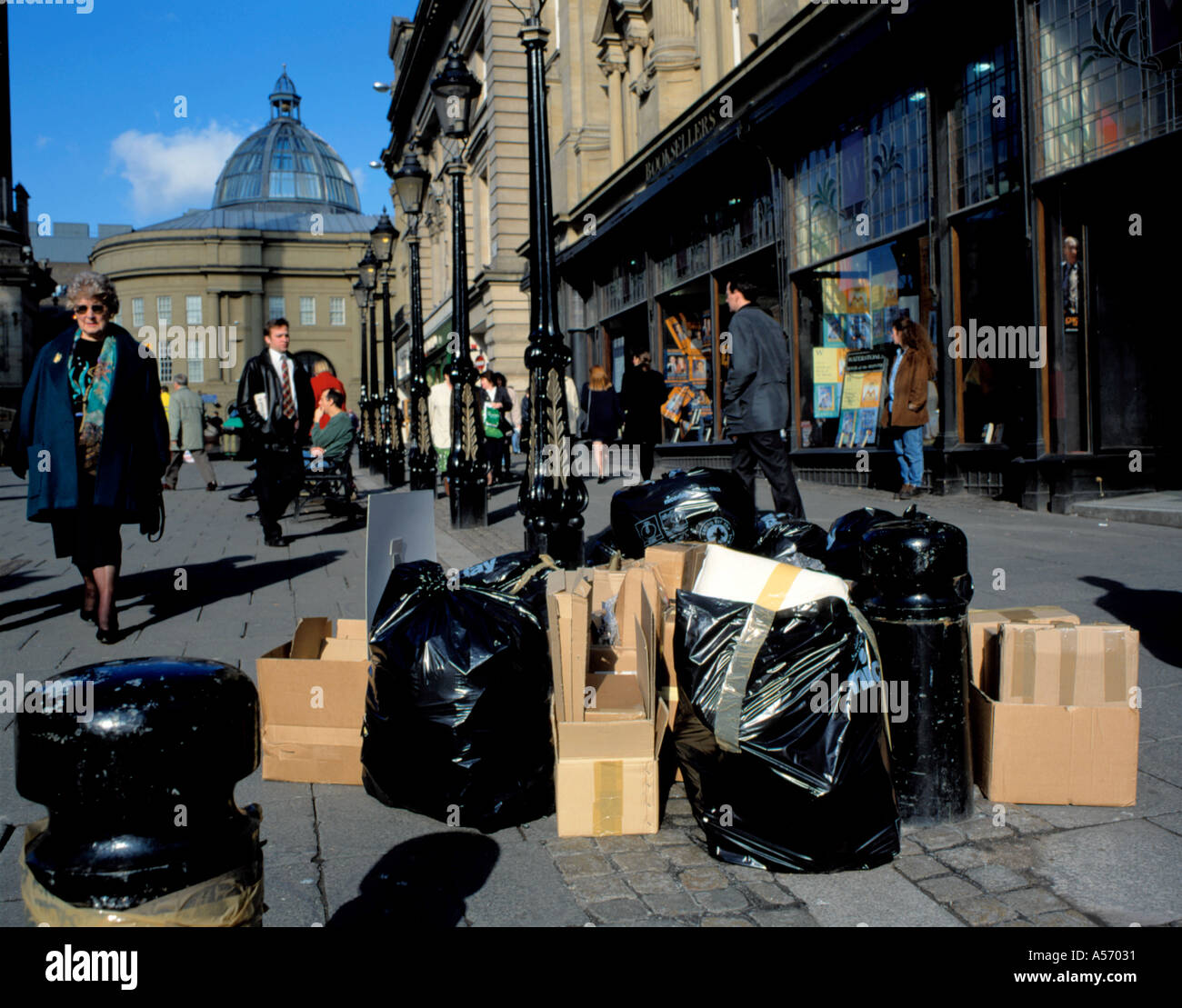 Retail waste awaiting collection in a city centre; Grey Street