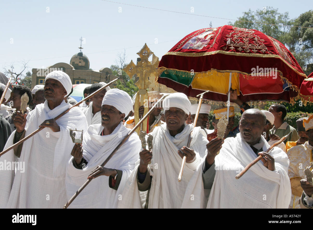 Painet jb1203 ethiopia turbanned married orthodox priests chanting dancing feast mary axum africa music dance country Stock Photo