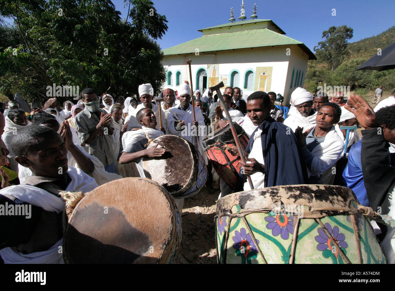 Painet jb1236 ethiopia musicians kidana merhet church tigray africa religion christianity orthodox festival music dance Stock Photo