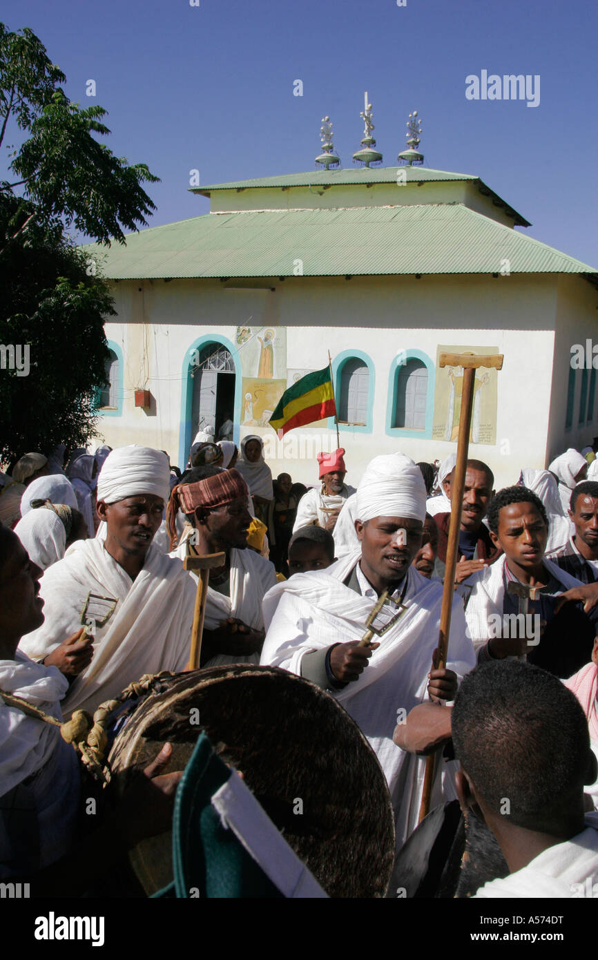Painet jb1237 ethiopia musicians kidana merhet church tigray africa religion christianity orthodox festival music dance Stock Photo