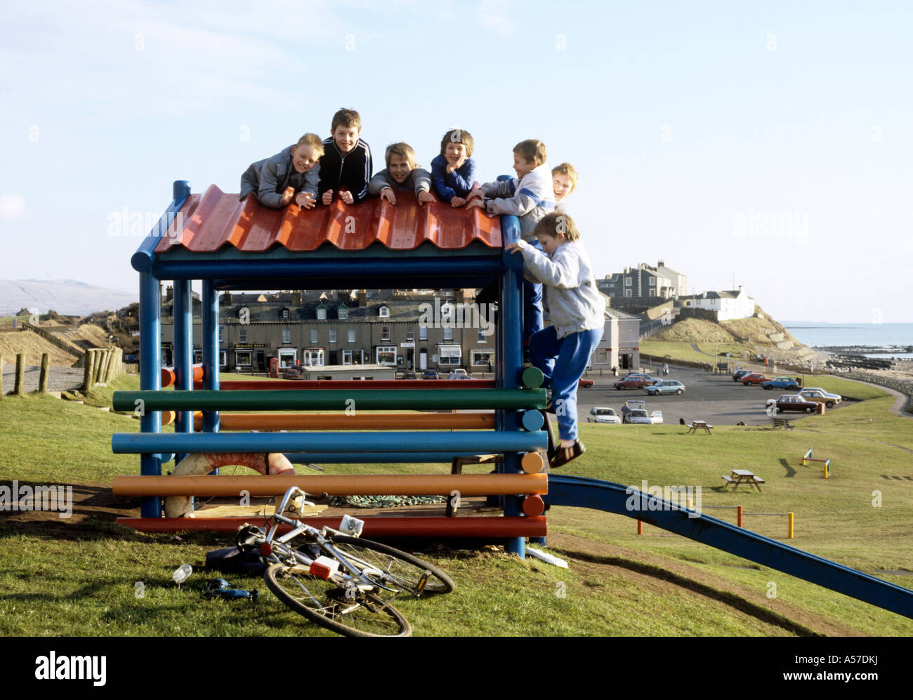 Cumbria Seascale children playing in village near Sellafield Thorp