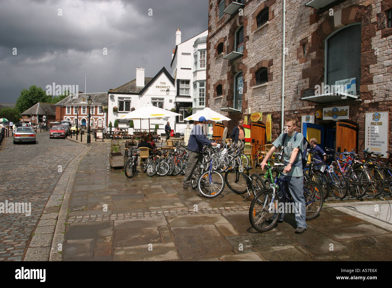 UK Devon Exeter Quayside Saddles Paddles Cycle Hire shop Stock Photo
