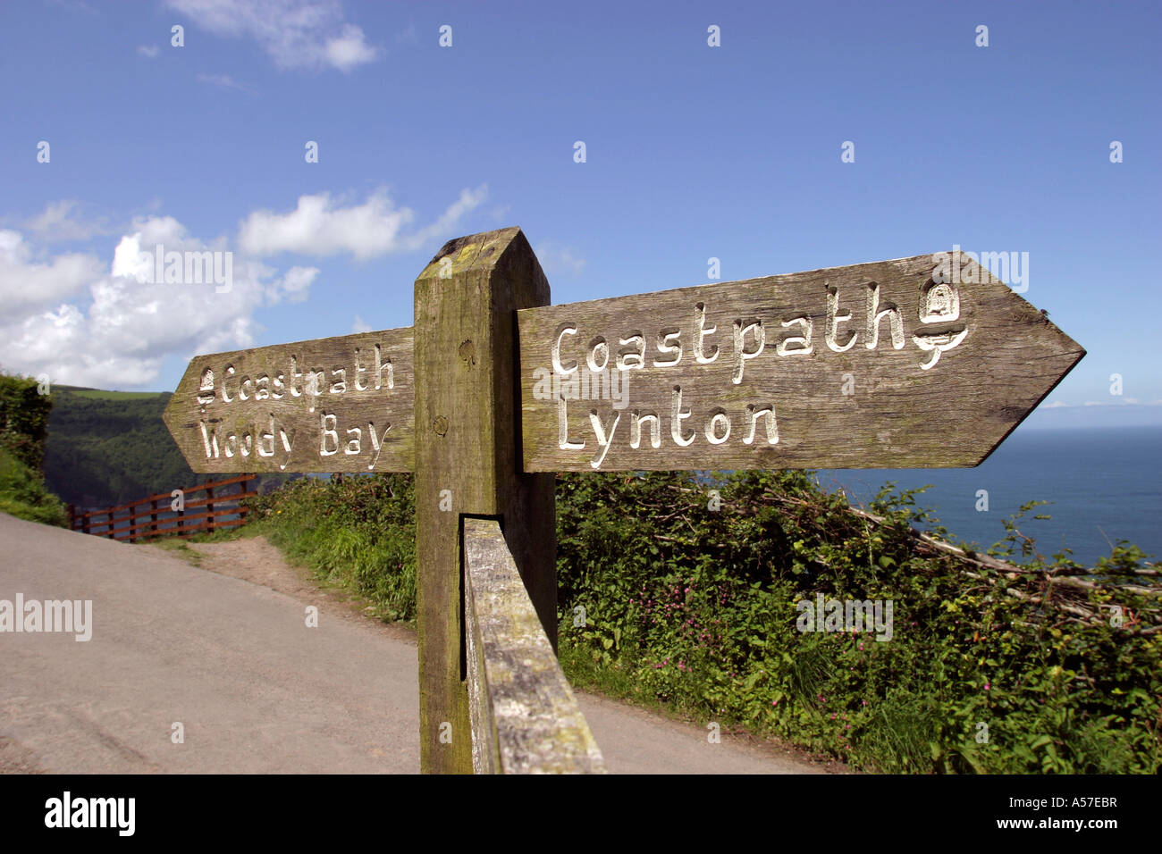 UK Devon Woody Bay North Devon coastal footpath signpost Stock Photo ...