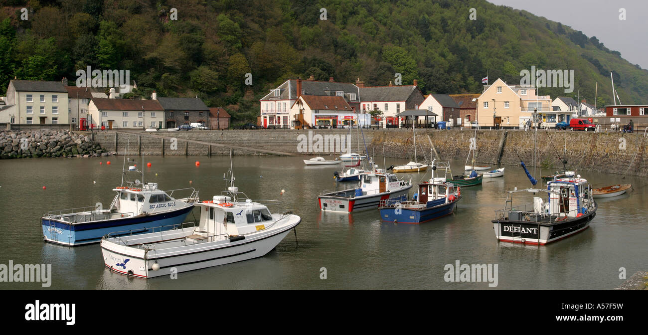 UK Somerset Minehead boats in harbour and quayside panoramic Stock