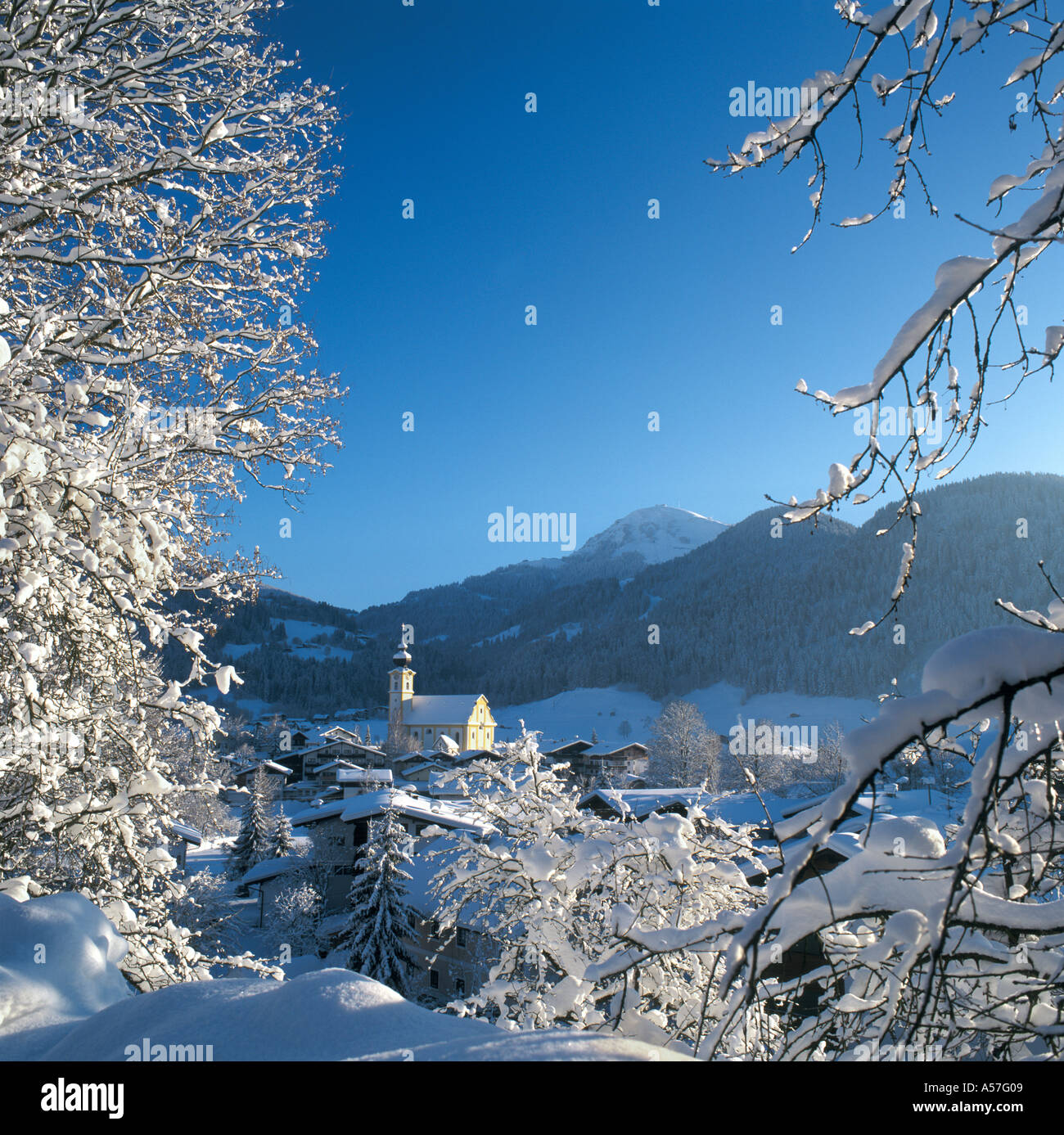 View of Church in Resort Centre, Soll (Soell), Tyrol, Austria Stock Photo