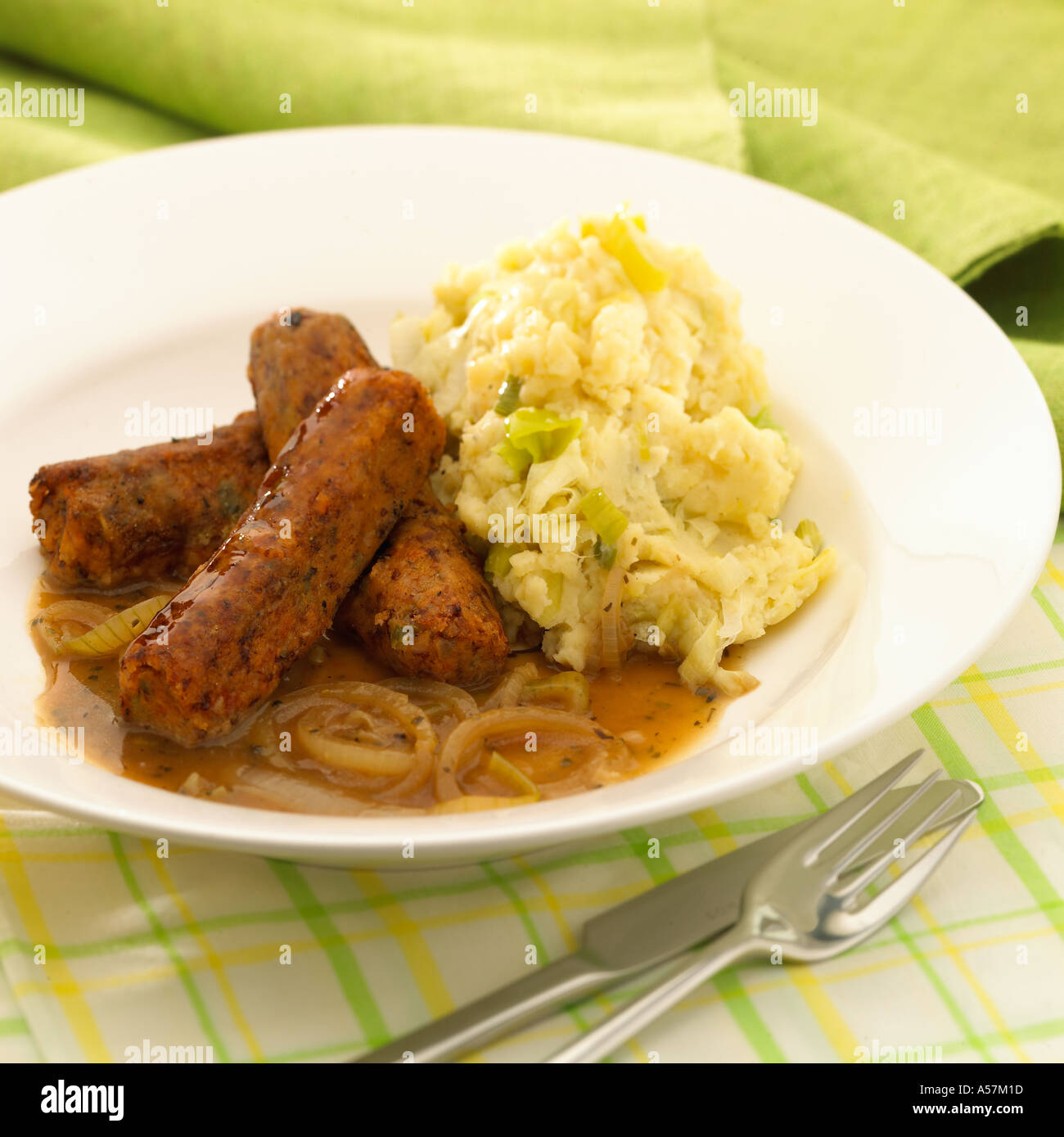 Vegetarian sausages with champ potatoes onion gravy Keywords vegetable
