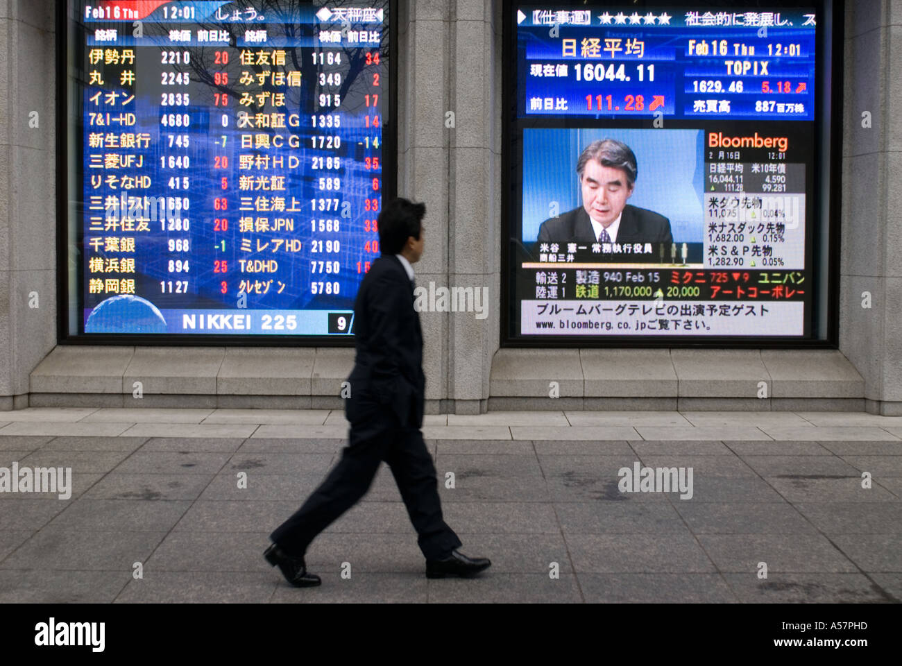 Man looking at stock market index board on Tokyo Street Japan 2006 Stock Photo