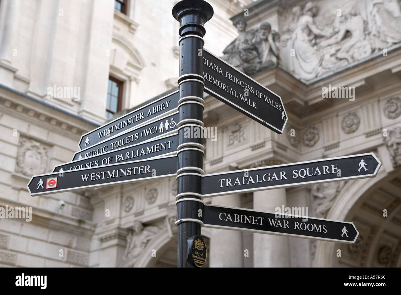 Sign at Horseguards pointing to London attractions London England Stock Photo