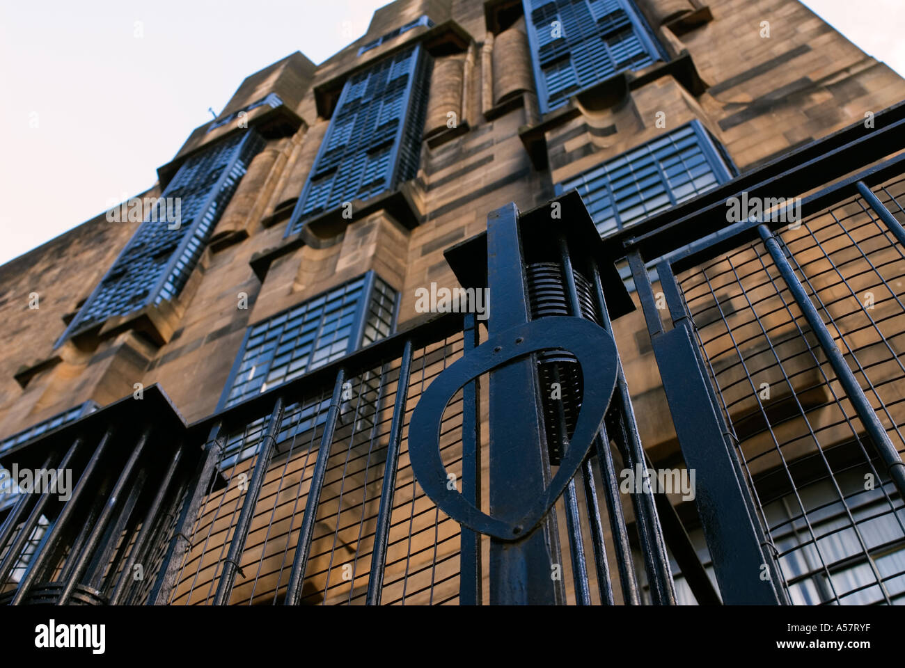 Detail of ornate iron railings and exterior of Glasgow School of Art