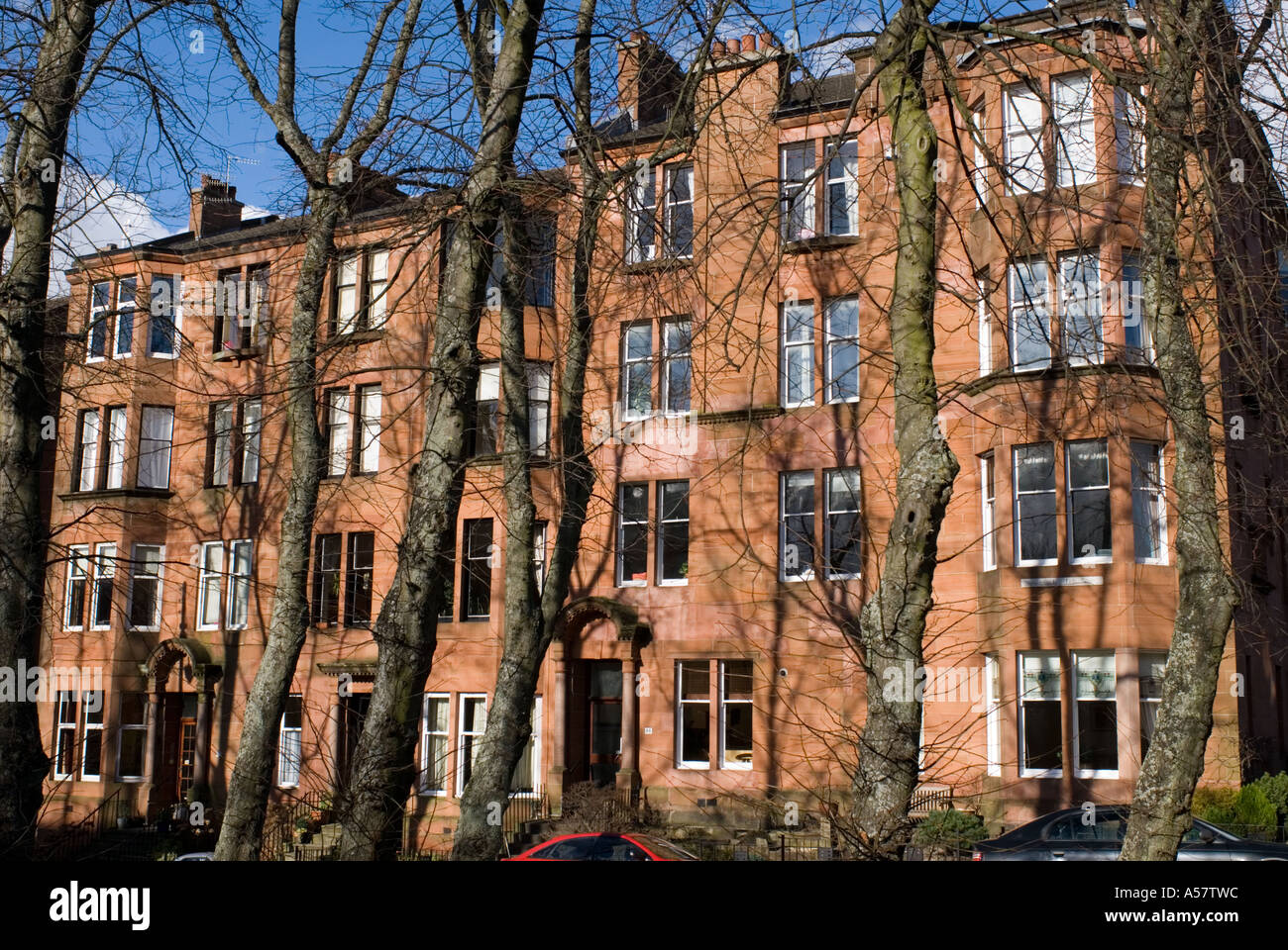 Typical red sandstone built tenement housing in affluent Glasgow West End Scotland Stock Photo