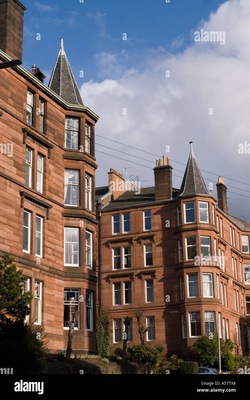 Typical red sandstone built tenement housing in affluent Glasgow West End Scotland Stock Photo