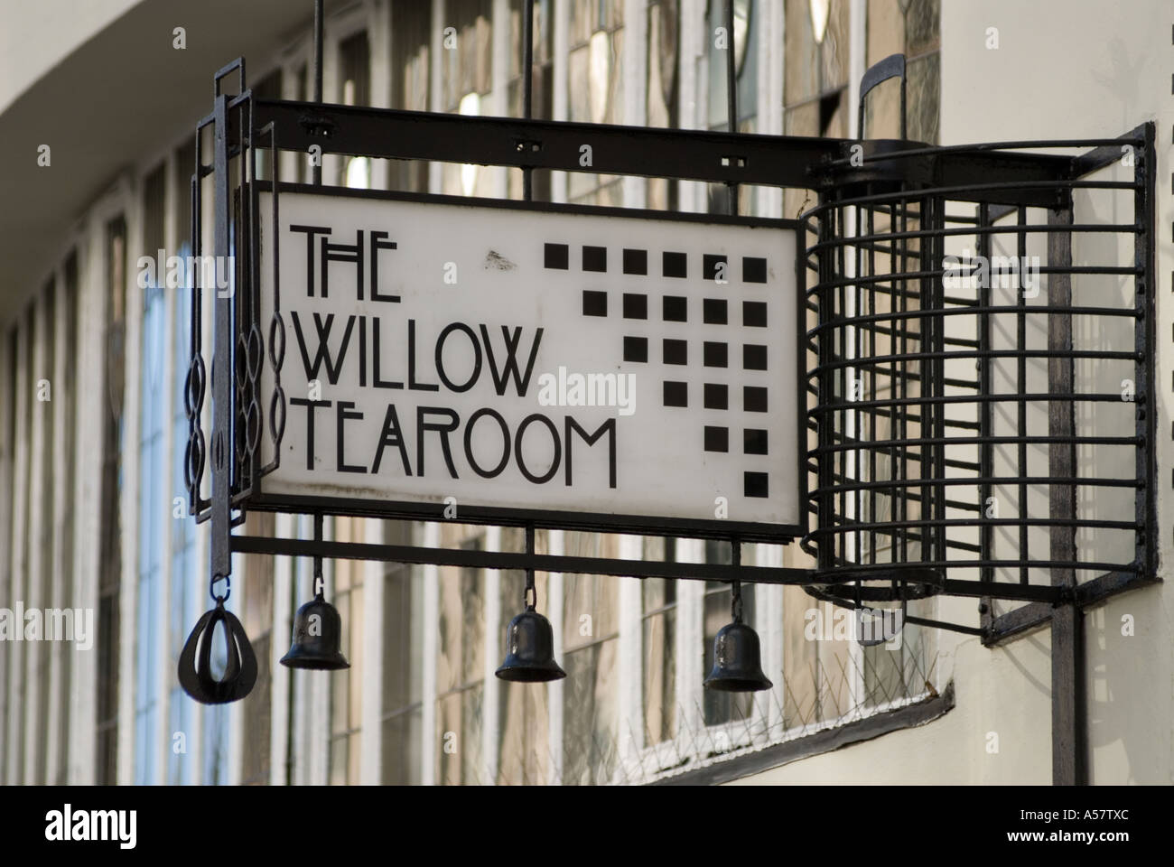 Sign outside Willow Tearooms in Glasgow designed by architect Charles Rennie Mackintosh Stock Photo