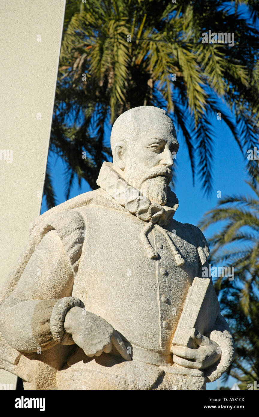 Sculpture, Miguel de Cervantes, Denia, Costa Blanca, Spain Stock Photo