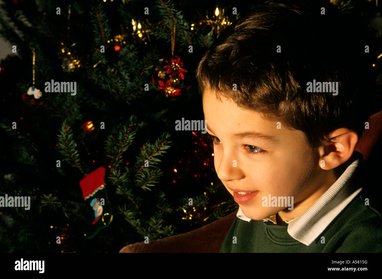 Young boy smiling next to a Christmas tree. Stock Photo