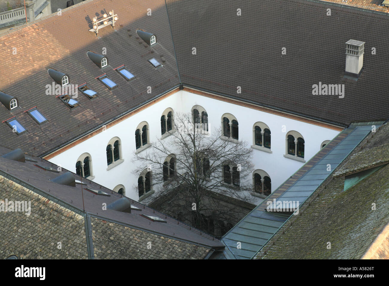 Square courtyard of the Grossmuenster Cathedral as seen from the Western Tower, Zurich, Switzerland Stock Photo