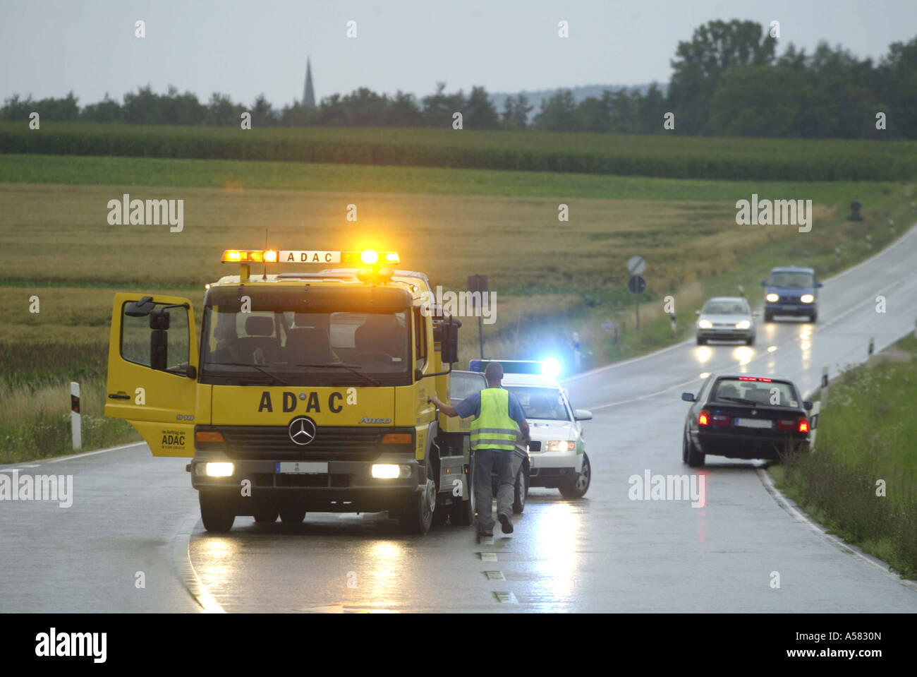 Accident on wet country road Stock Photo