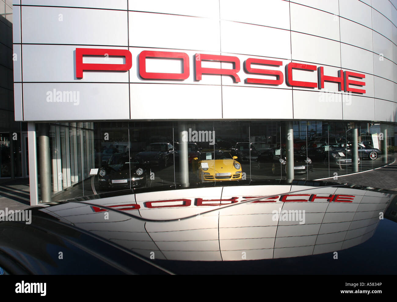 The storefront of 'Porsche-Zentrum' in Koblenz, Rhineland-Palatinate, Germany Stock Photo