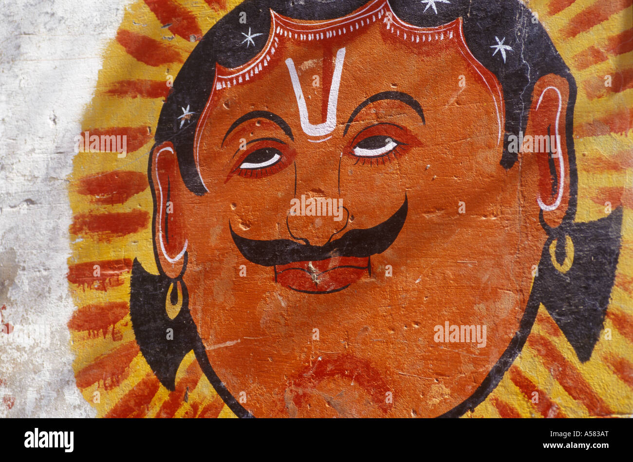 Wallpainting, face with vaishnava Tika ( Suriya / sun ), Varanasi, U.P. ( Uttar Pradesh ), India Stock Photo