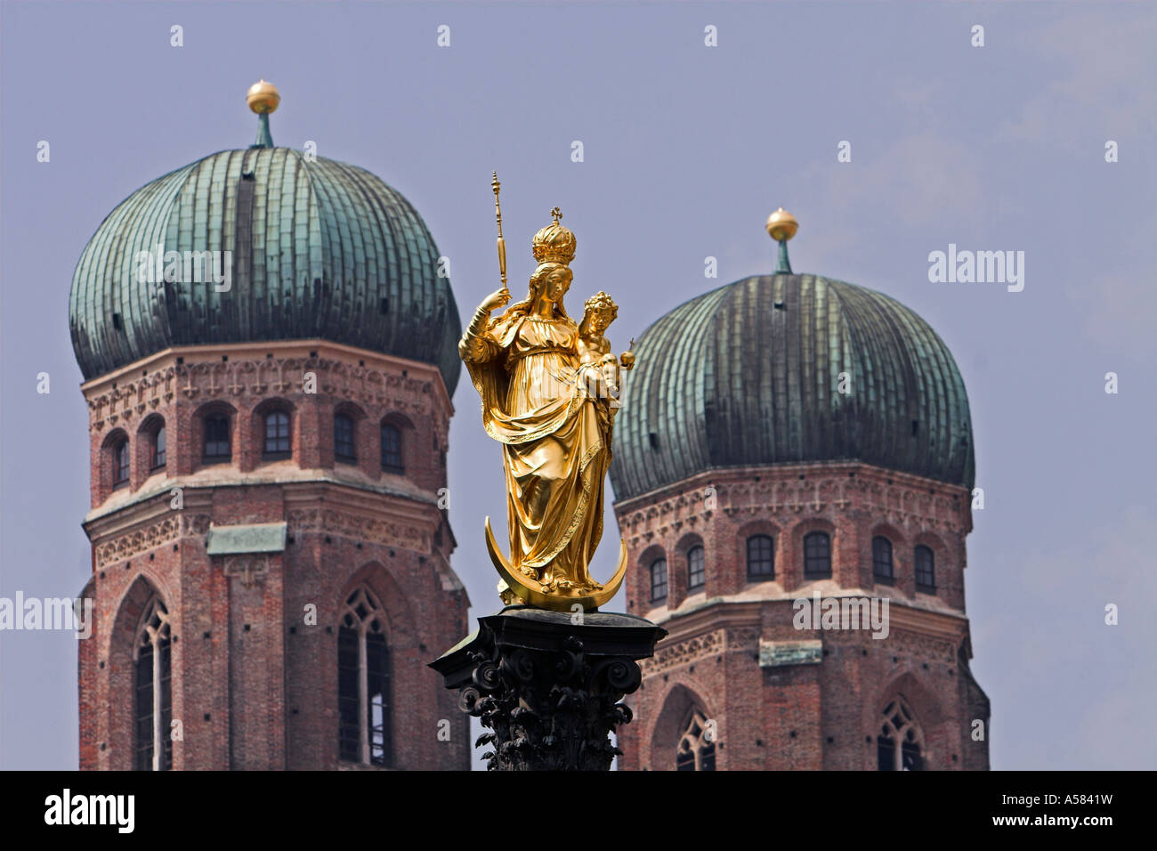 Steeples and golden statue, Munich, Bavaria, Germany Stock Photo