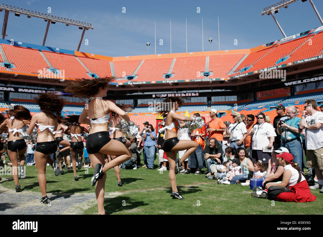 Miami Florida,Dolphin Stadium,Florida Marlins,Baseball FanFestal sports,fan,major league,woman female women,cheerleaders perform,audience,crowd,entert Stock Photo