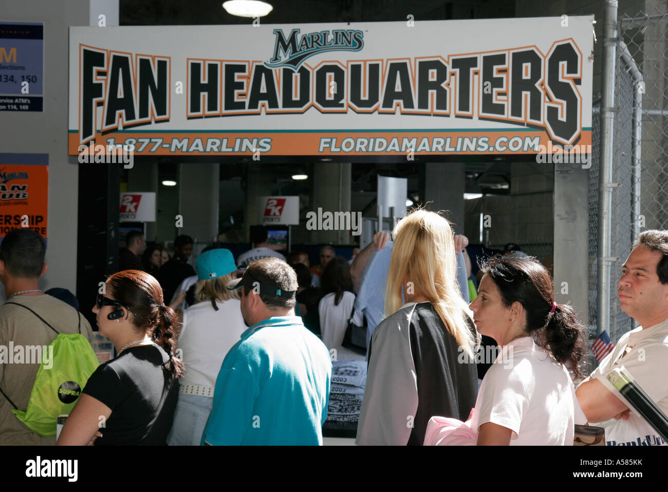 Miami Florida,Dolphin Stadium,Florida Marlins,Baseball FanFestal  sports,fan,major league,sportscaster,microphone,World Series  banners,visitors travel Stock Photo - Alamy