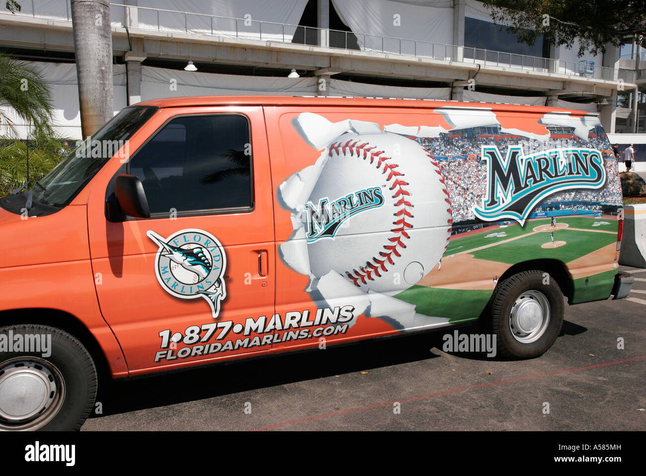 Miami Florida,Dolphin Stadium,Florida Marlins,Baseball FanFestal sports,fan,major league,van,vehicle,ad advertising advertisement,art artwork,artist,v Stock Photo