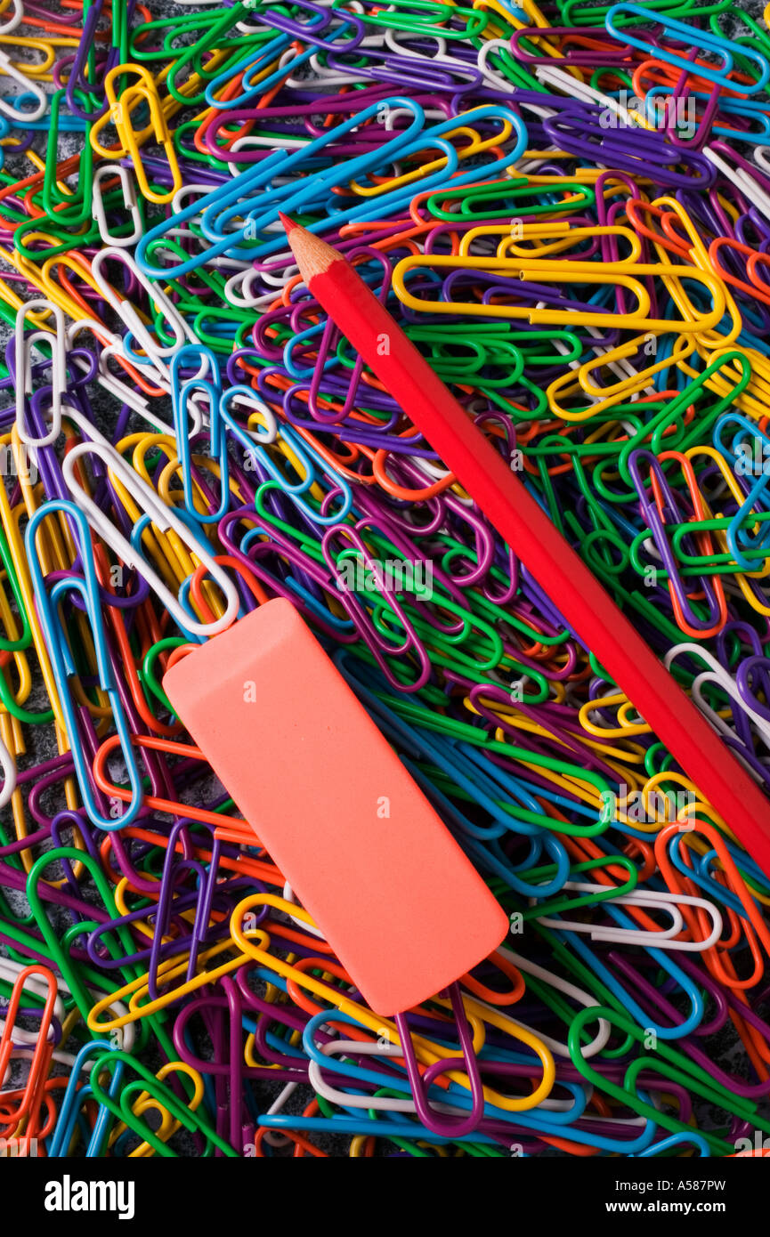 Paper clips and red pencil with eraser Stock Photo Alamy