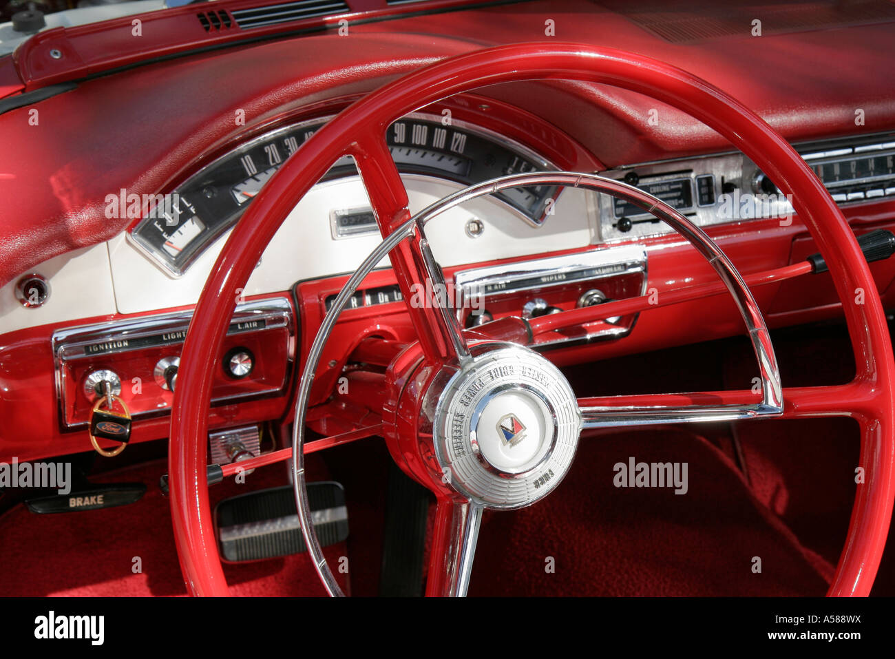Miami Florida,Coral Gables,Classic Car Show,collectors,nostalgia,restore,hobby,Americana,1957 Ford Fairlane,interior inside,steering wheel,dashboard,F Stock Photo
