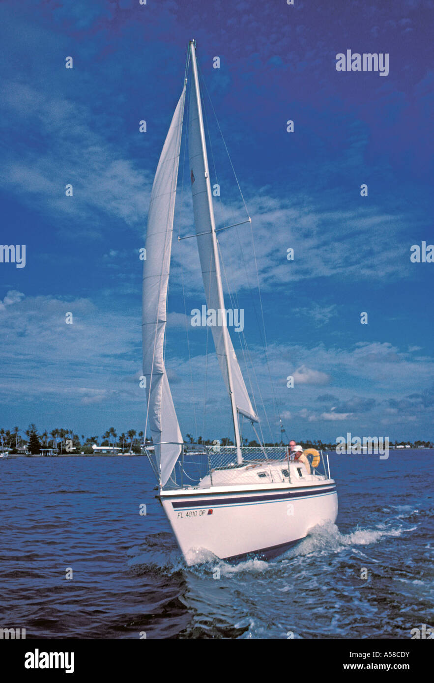 Sailing small sailboat under sail action wake Stock Photo Alamy