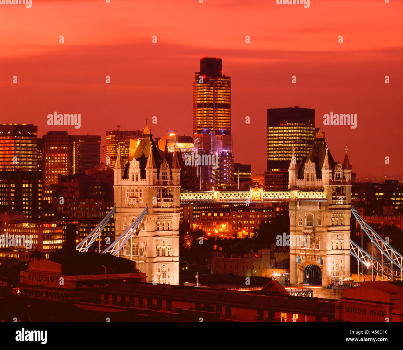Tower Bridge & City, Night Stock Photo