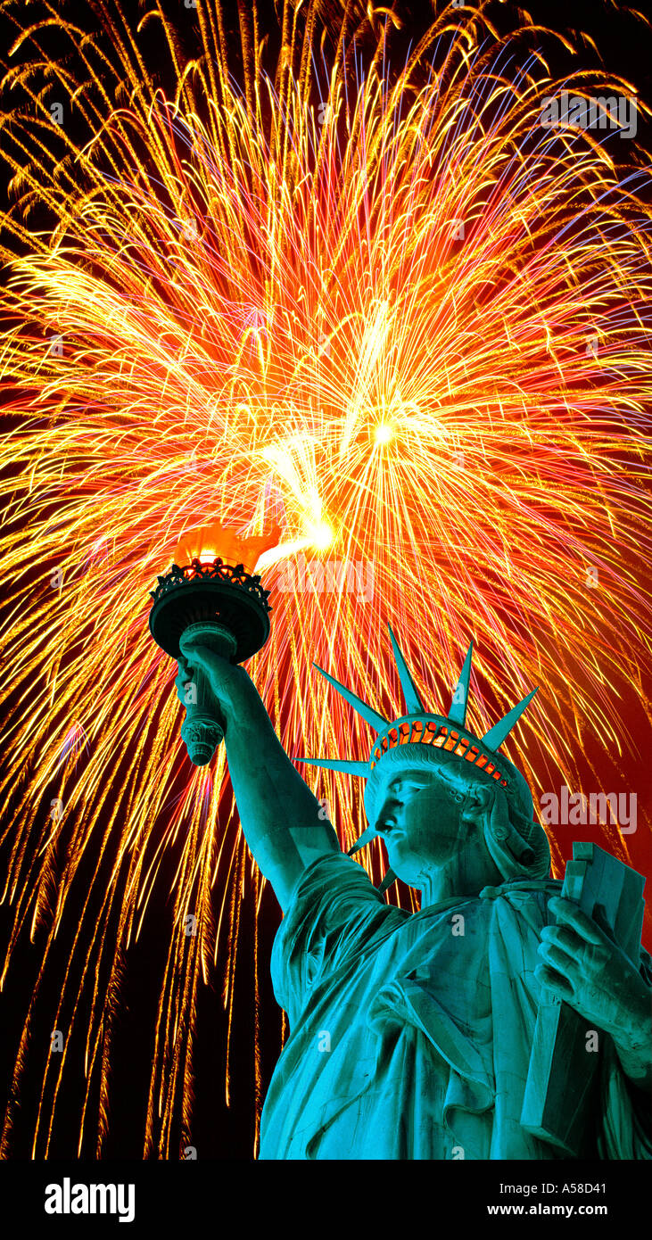 statue of liberty at night with fireworks