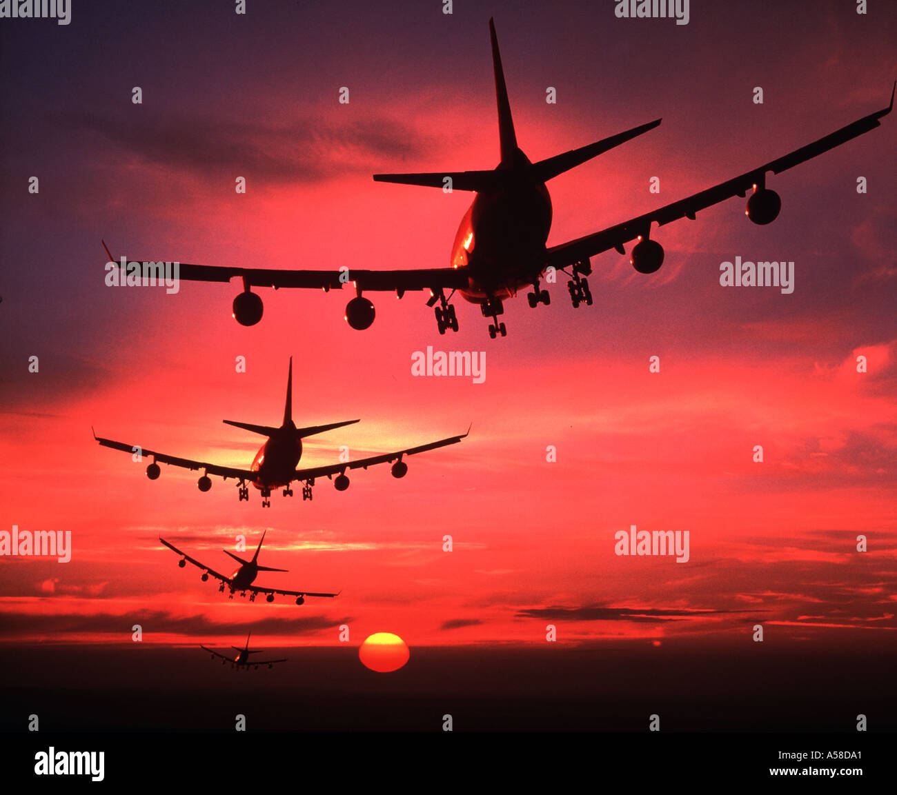Sunset, Aeroplanes, Boeing 747 Stock Photo