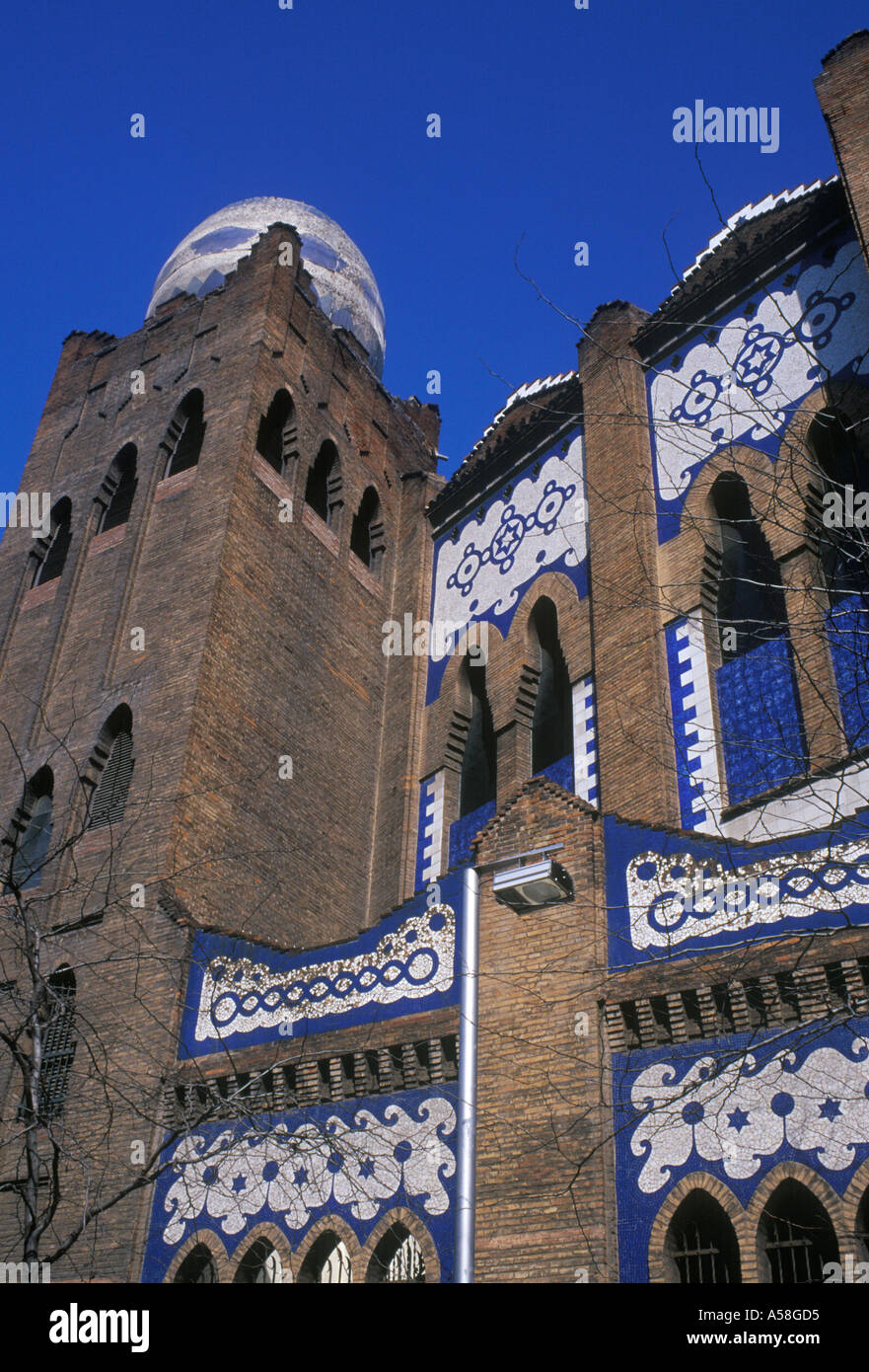 Bull Ring Plaza de Toros Placa Monumental dels Braus Barcelona Spain detail of building brick with blue and white mosaic Stock Photo