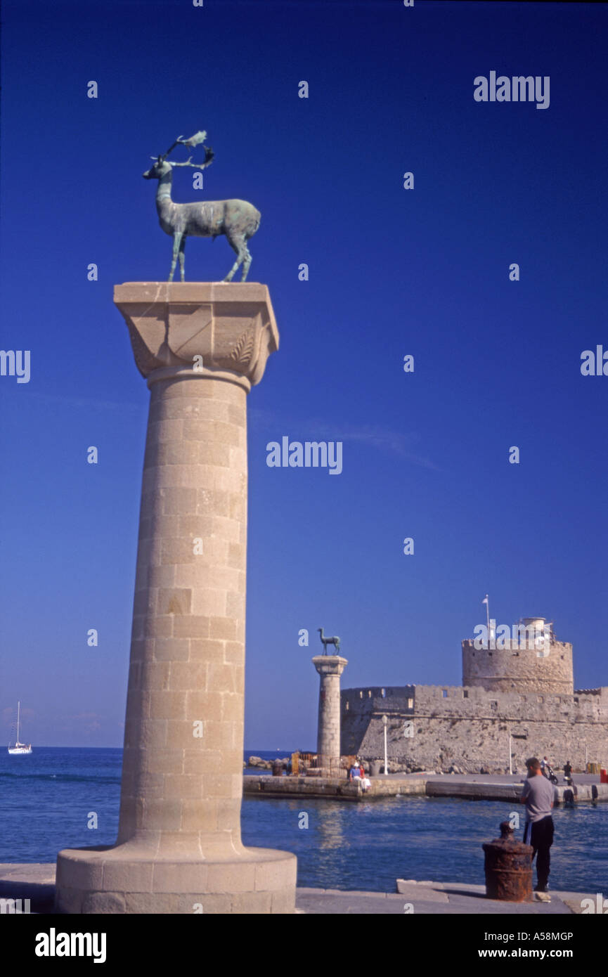 Mandraki harbour Rhodes, Greece where once the Colossus of Rhodes statue may have stood. XPL