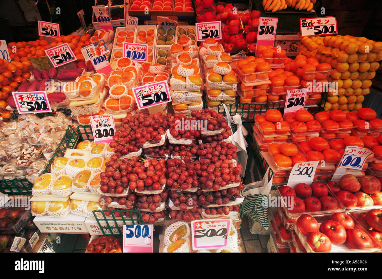 Japan, Tokyo, Ueno, Fruit Display in Ameyayokocho Shopping Street Stock