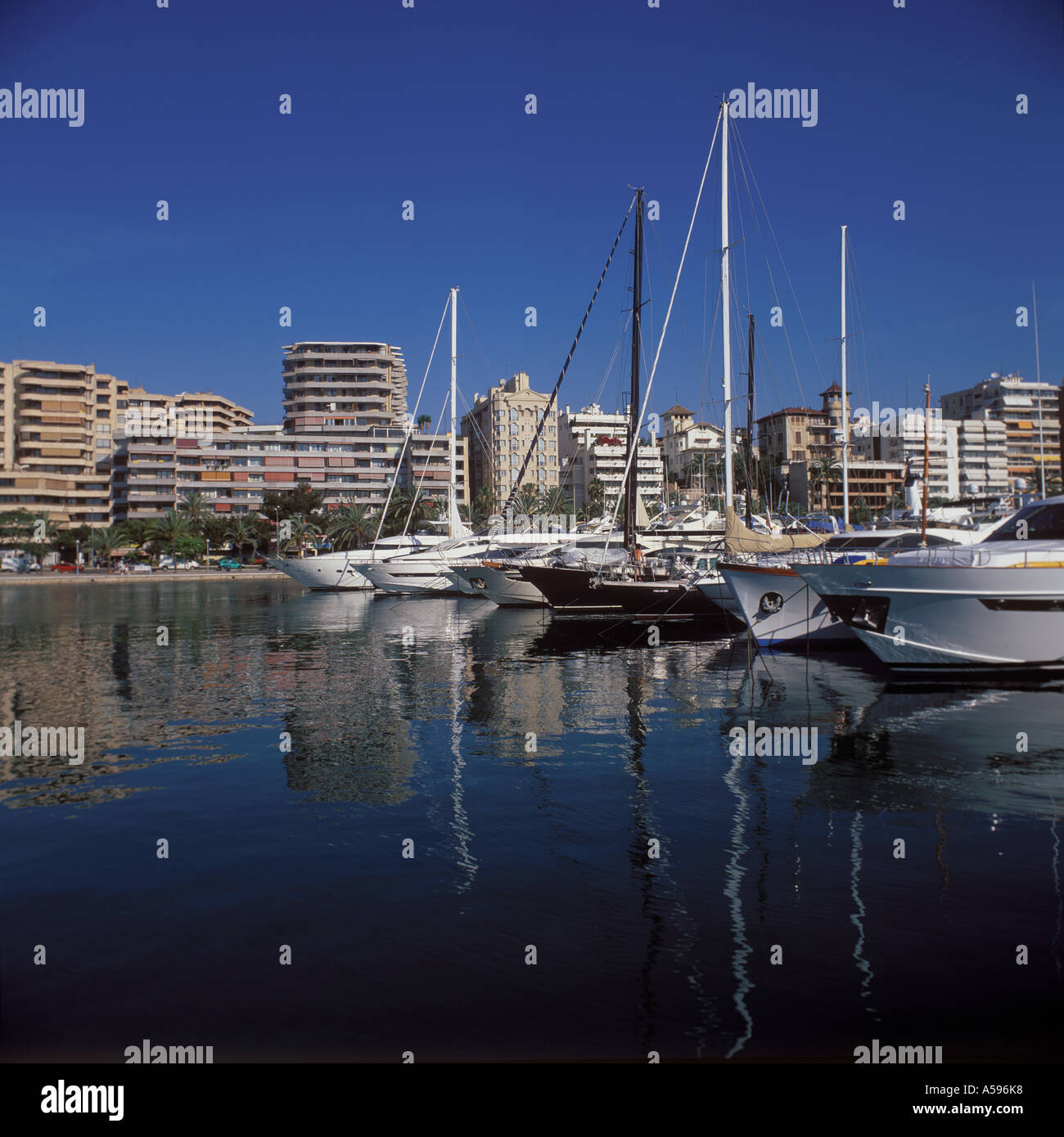 Scene in Paseo Maritimo across new marina Palma de Mallorca Baleares Spain Stock Photo