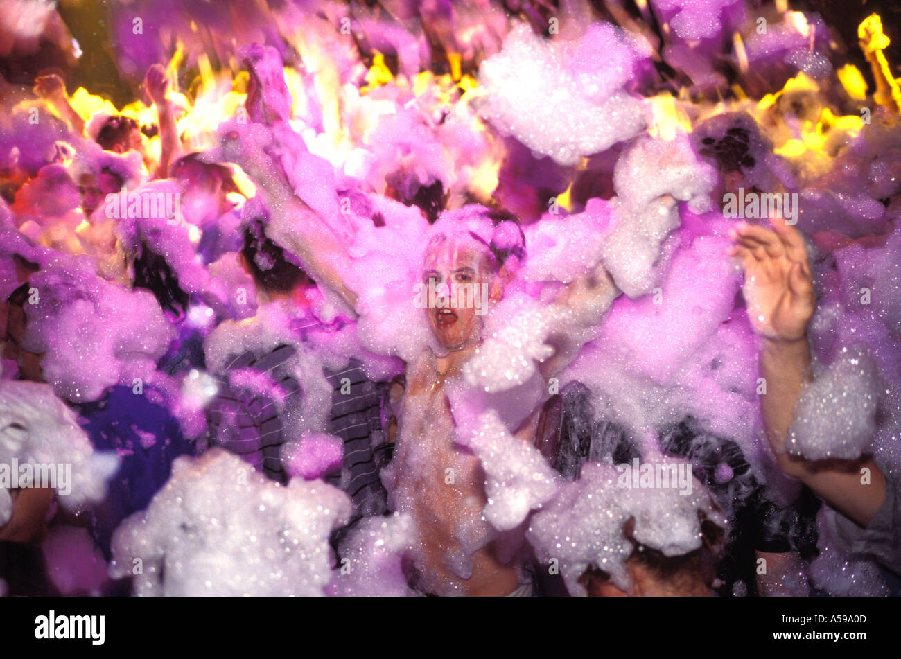 Foam party at Eden nightclub in San Antonio, Ibiza, Spain Stock Photo