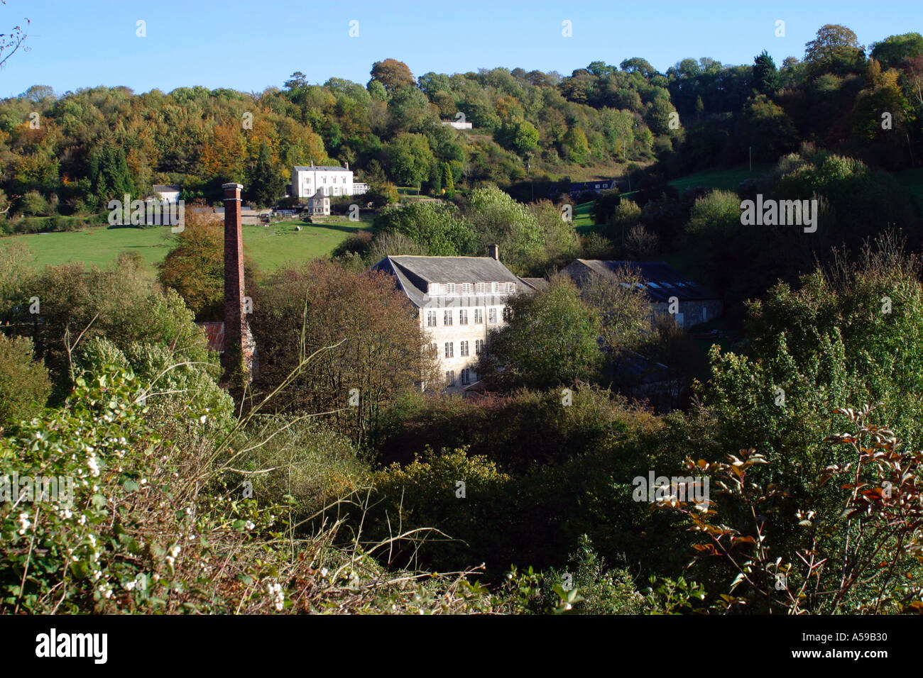 Old mill buildings in valley, Chalford, Gloucestershire, Cotswolds