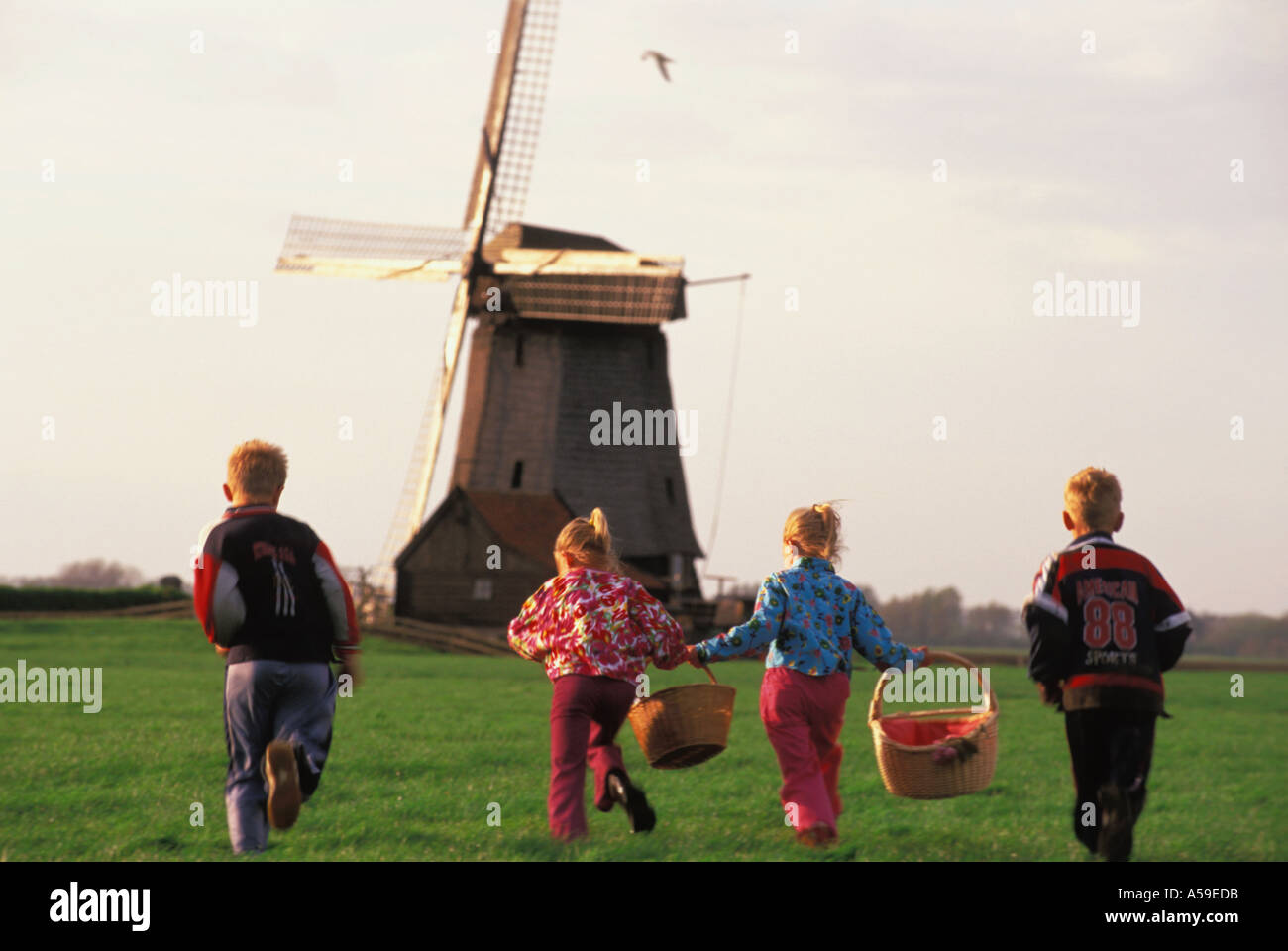 Four children running on farm with windmill near Alkmaar Holland Stock Photo