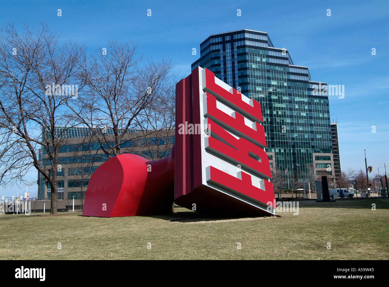 Rubber Stamp Sculpture Downtown Cleveland Ohio sightseeing landmarks and tourist attractions Stock Photo