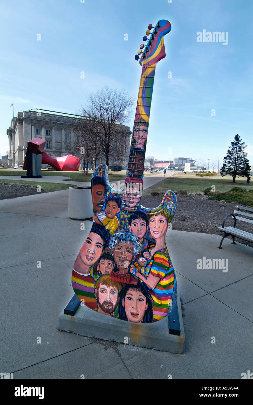 Musical Guitar Sculpture Downtown Cleveland Ohio sightseeing landmarks and tourist attractions Stock Photo