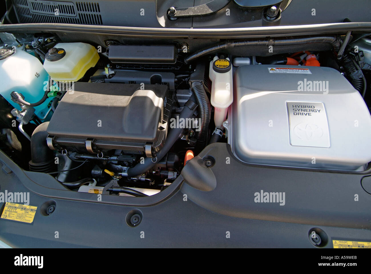 Engine compartment of a Hybrid synergy drive automobile Stock Photo