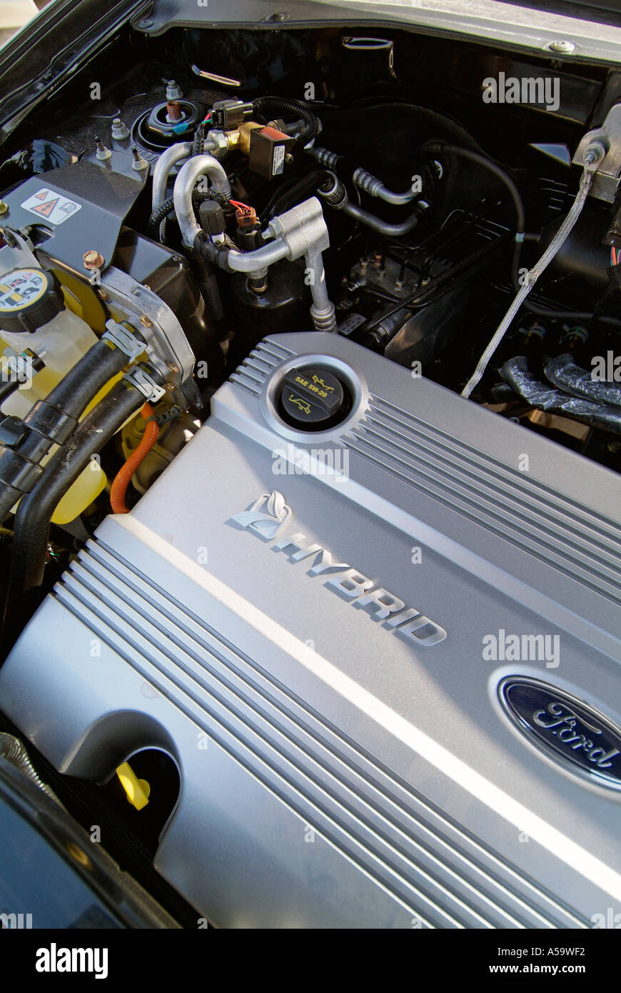 Engine compartment of a Hybrid synergy drive automobile Stock Photo