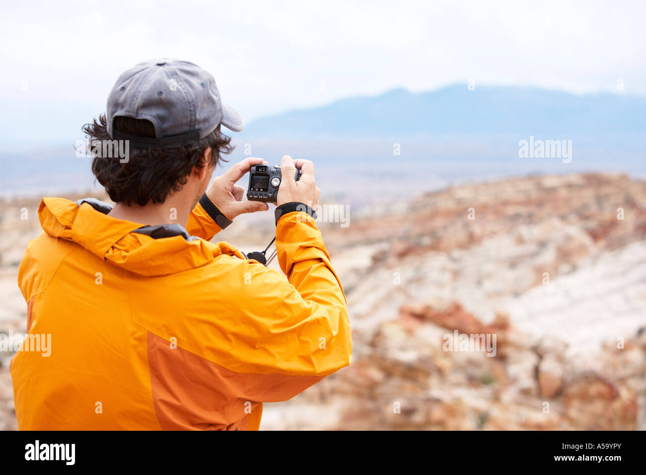 Man Taking Picture, Capital Reef National Park, Utah, USA Stock Photo