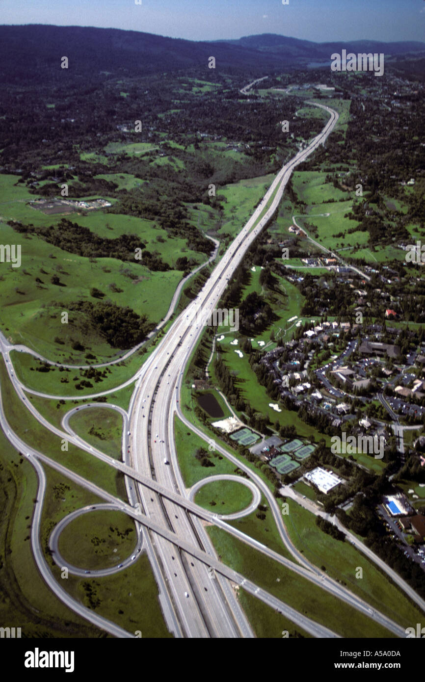 aerial view of Interstate highway 280 on San Francisco Peninsula California Stock Photo