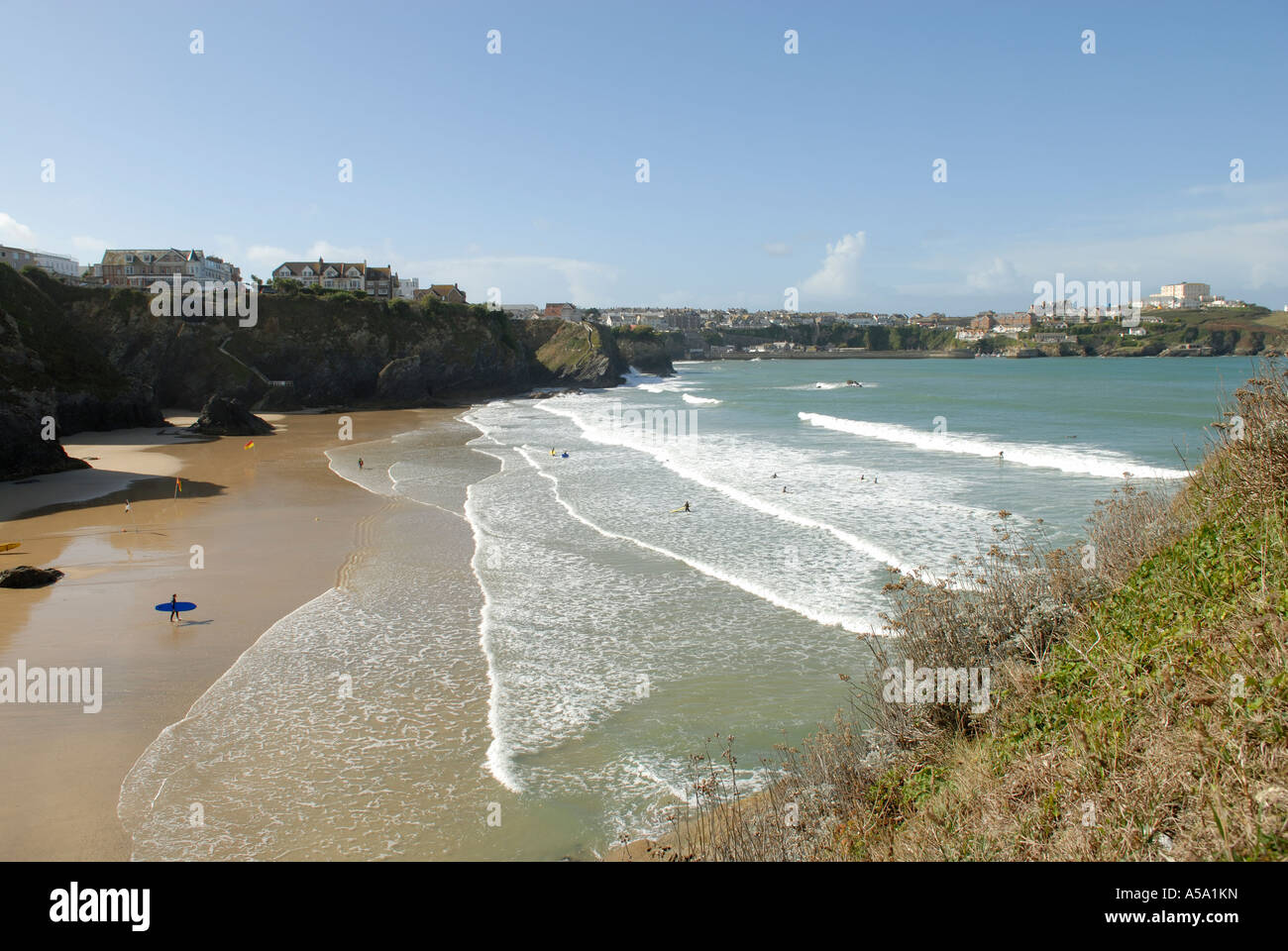 Newquay overlooks some of the best surfing beaches in the country. Stock Photo