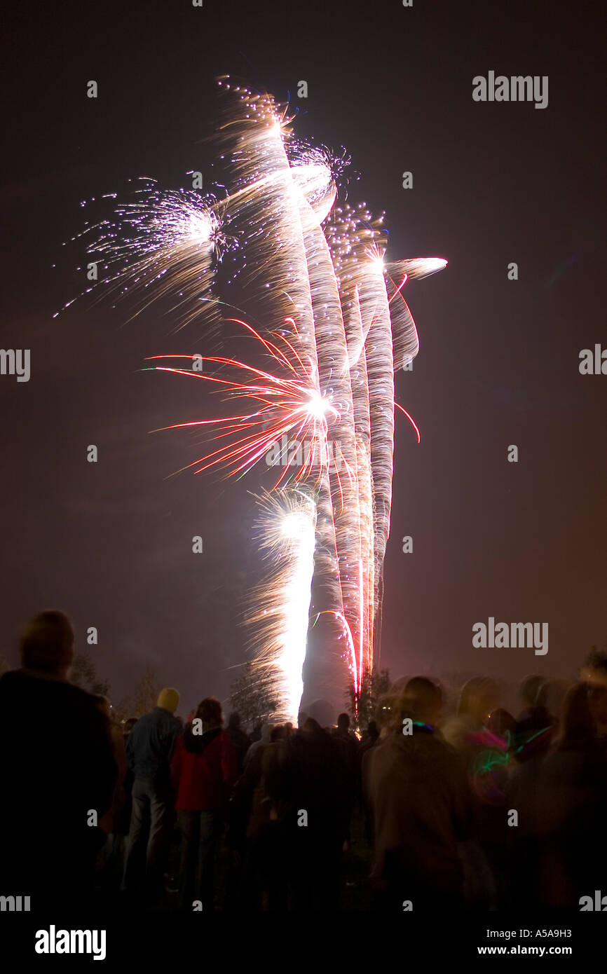 People watching fireworks being let off at an organised bonfire and